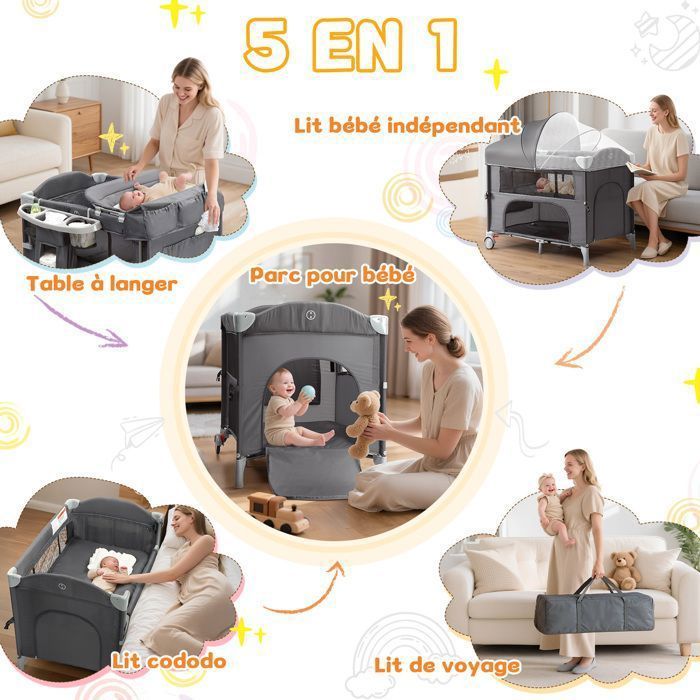 Culla per co-sleeping - LALAHO - Culla multifunzionale per neonati con materasso, adatta a bambini da 0 a 36 mesi, colore grigio.