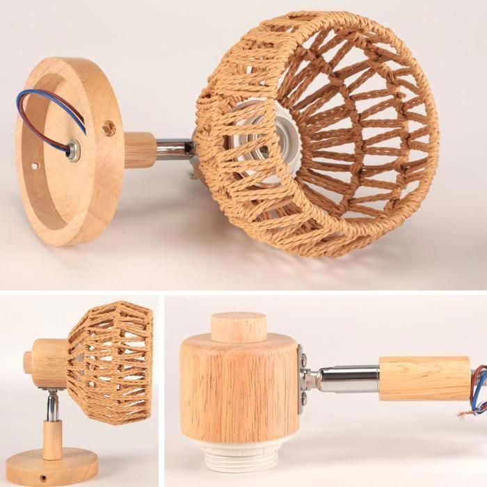 IDEGU Juego de 2 apliques de pared industriales retro para interiores, lámparas de pared ajustables de 15 cm en madera y ratán.