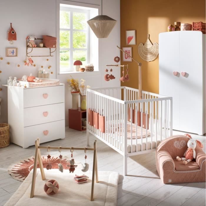 Cambiador - Babyprice - Básico - 3 cajones - Madera - Tiradores en forma de corazón rosa