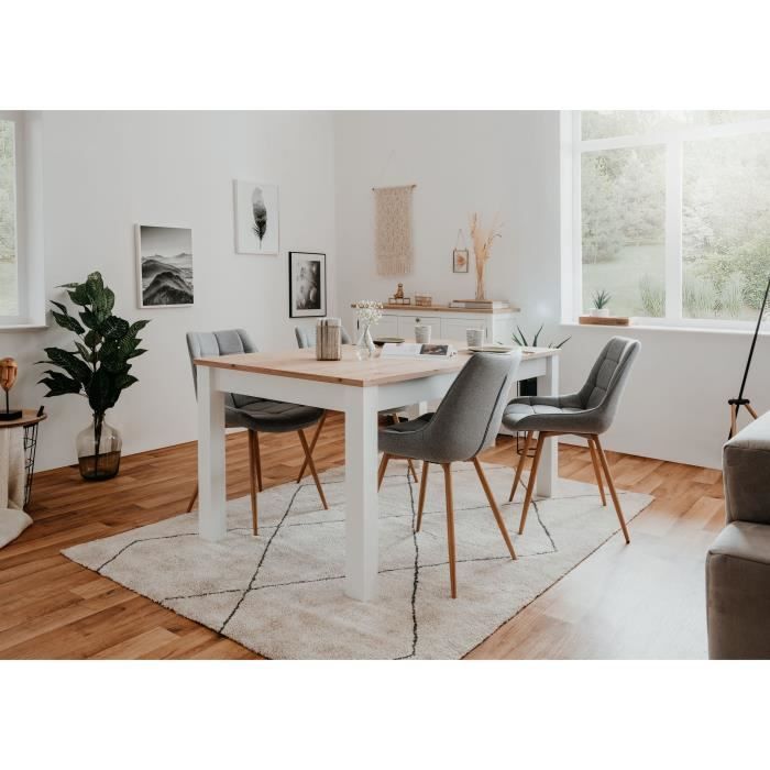 Table à manger extensible BERGEN - Décor chêne artisan et blanc - Rallonge 55 cm - Jusqu'à 12 personnes - L 160-215 x P 90 x H 75 cm