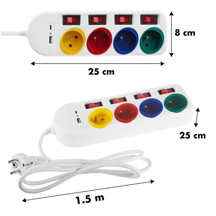 Regleta eléctrica Maclean MCE508 W con 4 tomas de corriente + 2 puertos USB, interruptores individuales y cable blanco de 1,5 m.