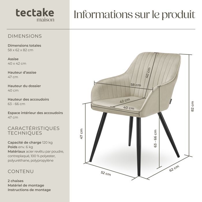 Stoelen - TECTAKE - Set van 2 MARYLIN eetkamerstoelen in fluweellook met zwarte stalen poten - Crème