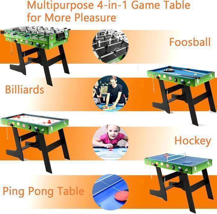 4ft Folding Games Table - 4 in 1 Kids Games Table - Foosball-Billiards-Table Tennis-Hockey - Interactive Parent-Child Games