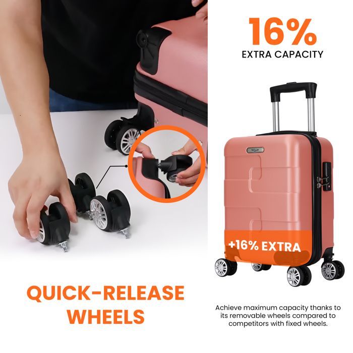 Ryanair cabin suitcase 40x30x20 cm – Lightweight rigid ABS – 4 removable double wheels – Orange – ADC trolley – Free luggage tag