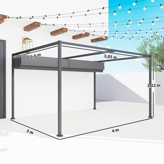 Pérgola corredera Outsunny - 4 x 3 m - Estructura metálica con revestimiento epoxi anticorrosión - Tejido de poliéster de alta densidad de 180 g/m² - Gris oscuro