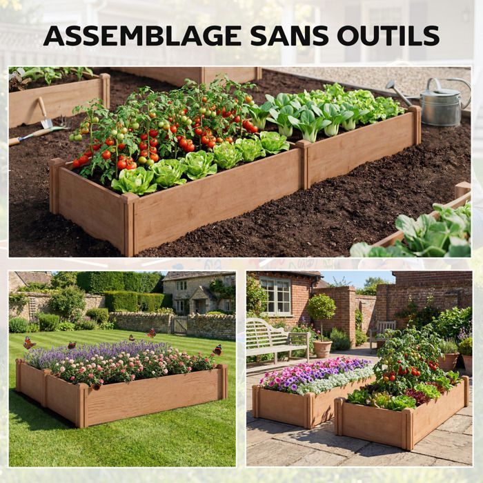 Raised garden bed - Outsunny - 4 growing zones, open bottom with tool-free assembly - wood - 234x109x25cm - light brown