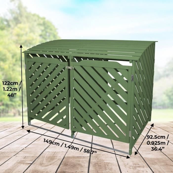 Cache Poubelle Double en Bois 2 x 240L Vert Sauge Rangement Extérieur Jardin