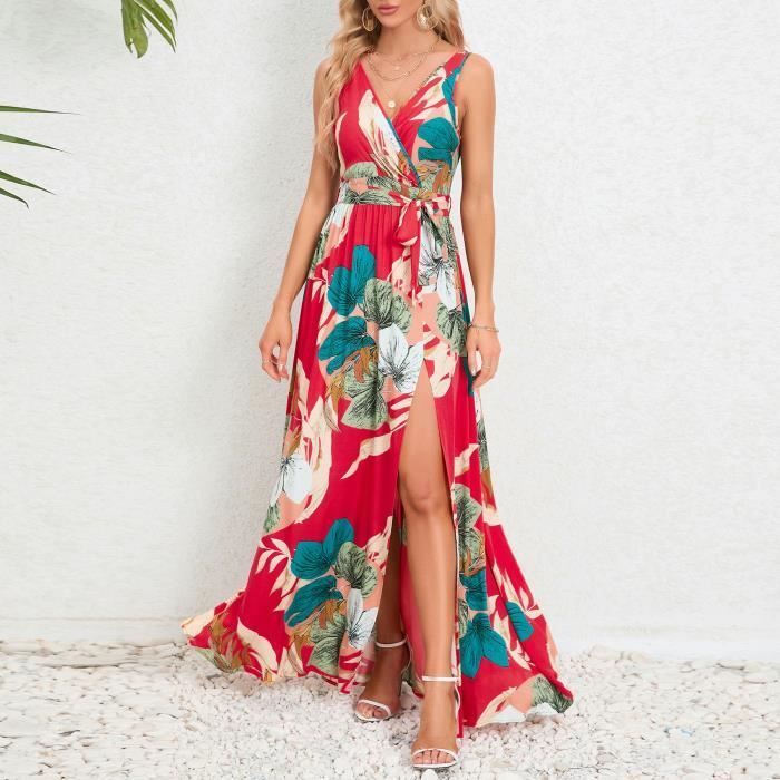 Robe Femme Ete Sans Manches Profond Décolleté En V Robe Longue Imprimé Fleur Avec Ceinture Confortable - Rouge