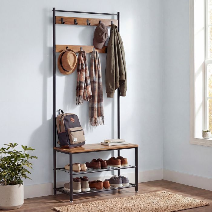 Appendiabiti con scarpiera integrata VASAGLE, mobile da ingresso con panca, 3 in 1, struttura in acciaio, 32 x 70 x 177 cm, marrone e nero