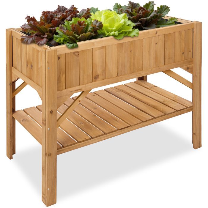 Huerto elevado TECTAKE MODENA con estante, madera de pino resistente, 119x57x90 cm - Marrón
