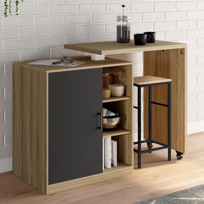 Mueble bar giratorio IDMARKET POLO, unidad de barra giratoria 2 en 1, efecto haya, puerta negra
