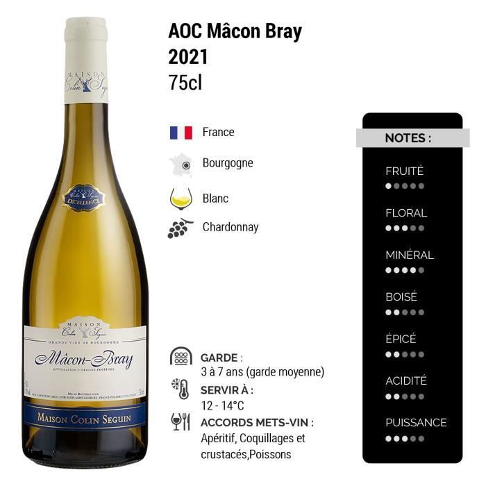 Mâcon Bray Excellence Blanc 2021 - Lot de 3x75cl - Maison Colin Seguin - Vin AOC Blanc de Bourgogne - Cépage Chardonnay