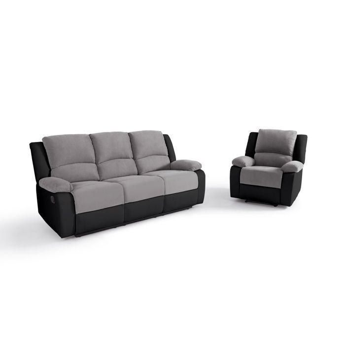 Ensemble de Canapés Relaxation manuel 3 places et 1 place Microfibre Grise / Simili Noir LEO - LOUNGITUDE
