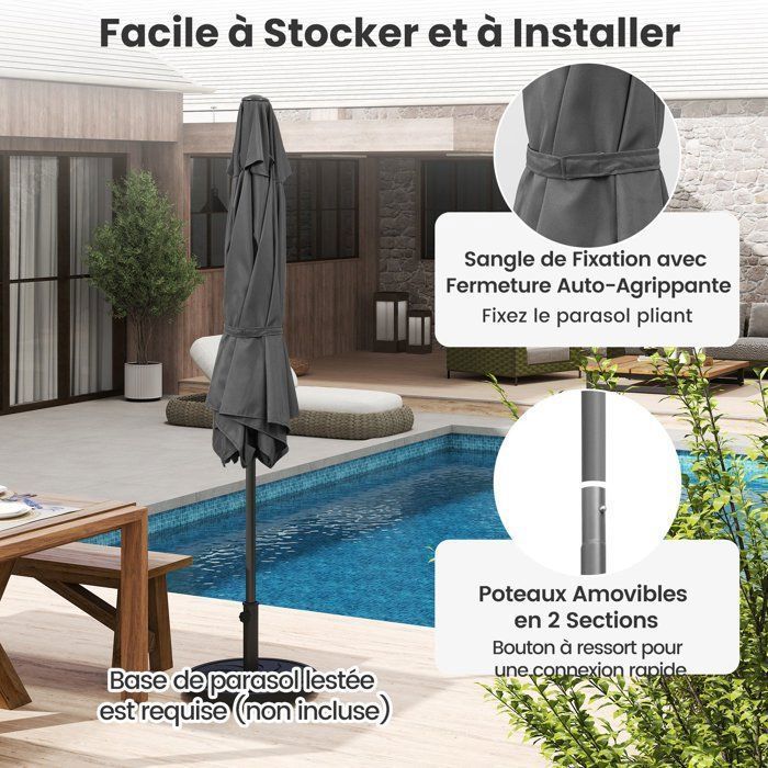Sombrilla de jardín de 230 cm - COSTWAY - Ángulo ajustable de 35° - Inclinación mediante botón - Manivela - Toldo ventilado para patio - Gris