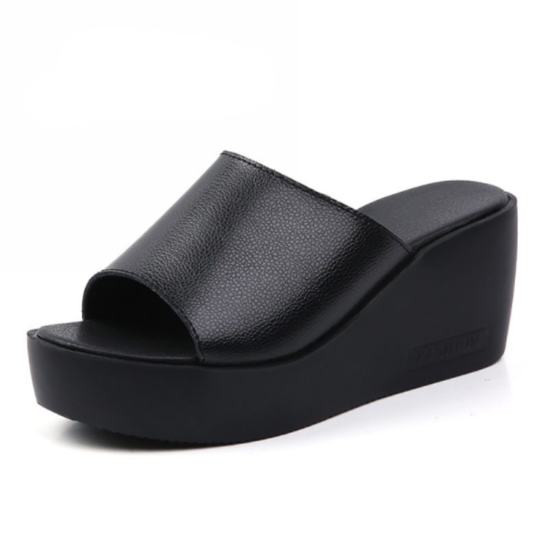Ciabatte con plateau in vera pelle 2021, scarpe estive con zeppa da donna, infradito con punta aperta, sandali con tacco da donna.
