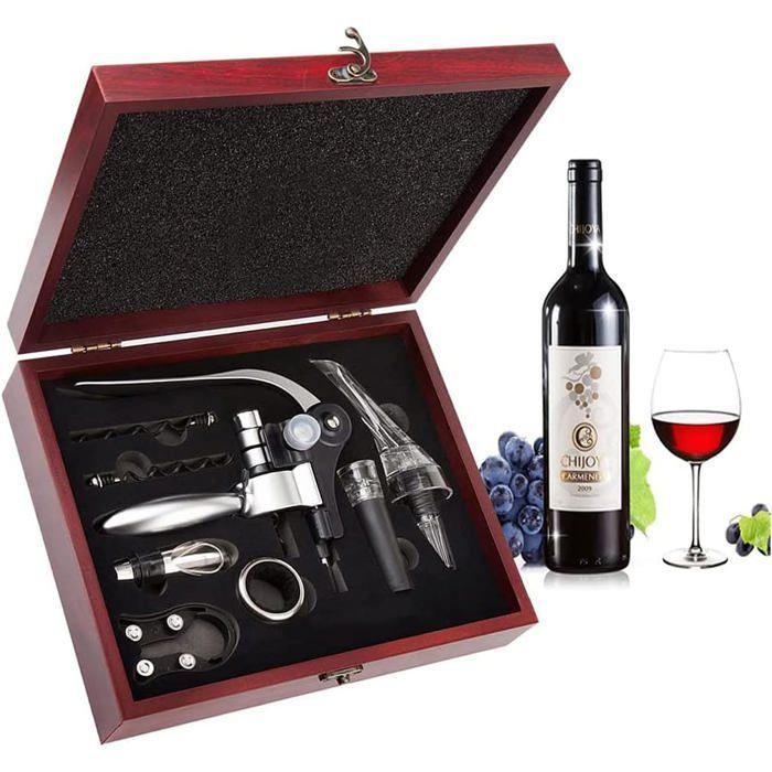 Juego de accesorios para vino - ZGEER - Sacacorchos de palanca - Vertedor de vino - Caja de regalo de madera