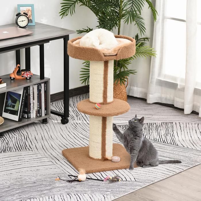 Arbre à chat - PawHut - avec griffoir - 2 plateformes - coussin - perchoirs avec bord relevé - marron clair