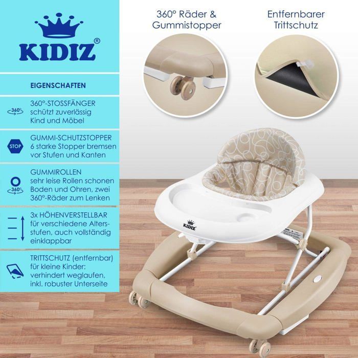 KIDIZ 4-in-1 Baby Walker Tilting Function Lounger with Wheels, Light, Music, Play Area, Dining Table, Folding Walker