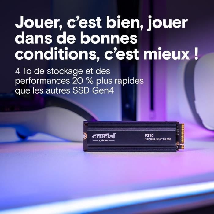 CRUCIAL - P310 - SSD interne - 4 To - PCIe Gen4 NVMe M.2 - Avec dissipateur - Vitesse lecture Jusqu'à 7100 Mo/s - CT4000P310SSD5