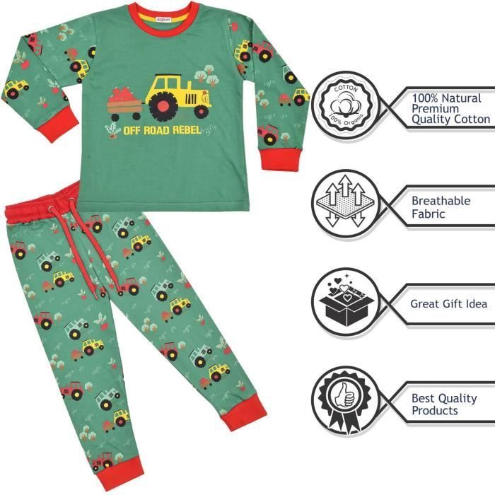 Kinderpyjama Mädchen Jungen Traktor Kontrast Oberteil Hose Nachtwäsche 2-13 Jahre - A2 Z 4 KIDS - Grün