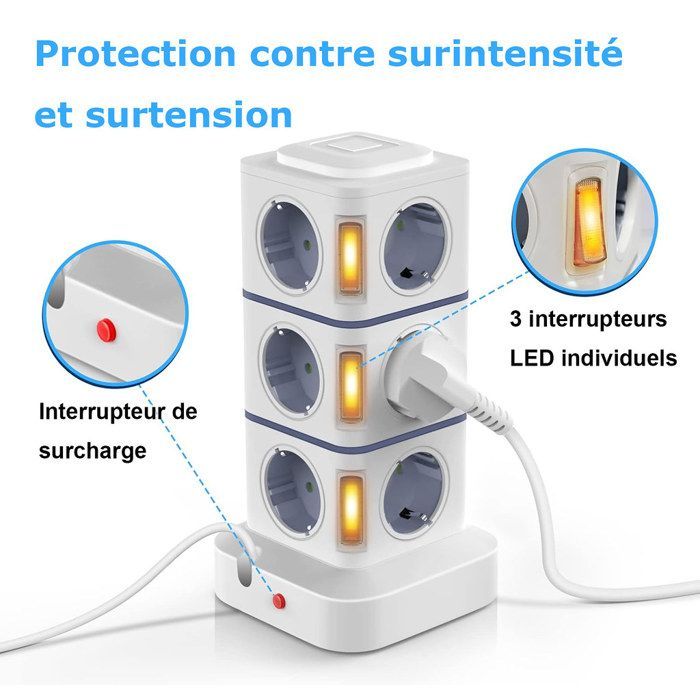 2500W Tower Power Strip, Surge Protector Tower Power Strip with 12 Outlets and 4 USB Ports, USB Power Strip with 3 Individual Switches