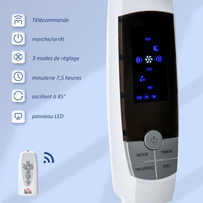 Ventilador de pedestal potente - HOMCOM - altura regulable - mando a distancia, 3 velocidades, oscilación y temporizador - Blanco