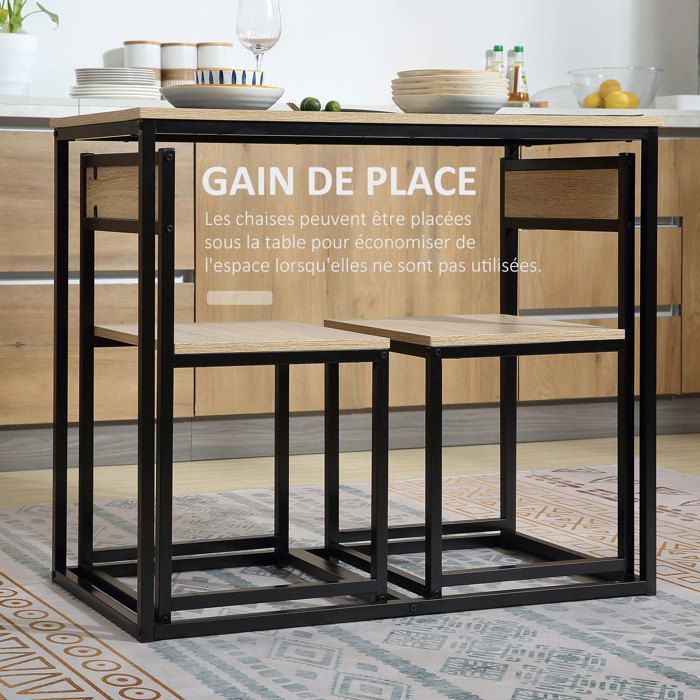 HOMCOM - Juego de comedor de 3 piezas - Tablero de partículas clase E1 - 90x47x76cm - Madera natural