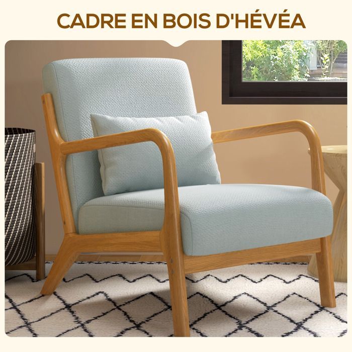 Fauteuil de salon HOMCOM avec cadre en bois massif fauteuil lounge - assise profonde - accoudoirs - lin synthétique gris clair