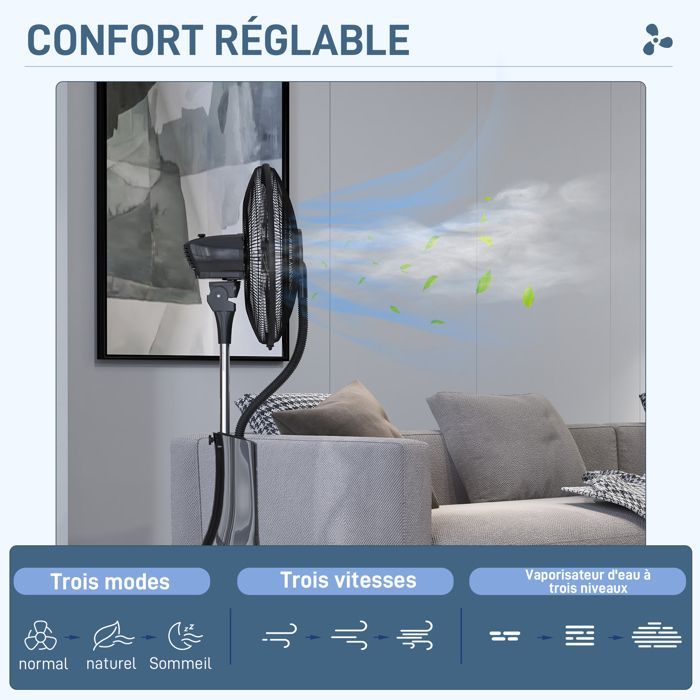 Ventilador de pedestal HOMCOM de 90 W con función de nebulización, ruedas, mando a distancia, temporizador, 3 modos, 3 velocidades, oscilante, inclinable - negro