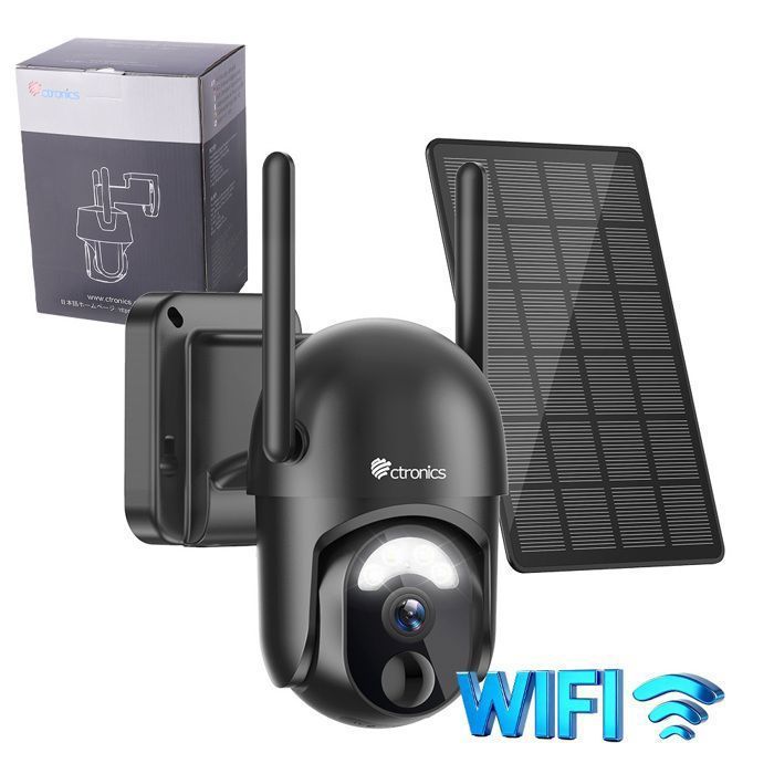 Ctronics 2K Caméra Surveillance WiFi Solaire PTZ, Vision Nocturne Couleur, PIR Détection Humaine, Cloud/Carte TF