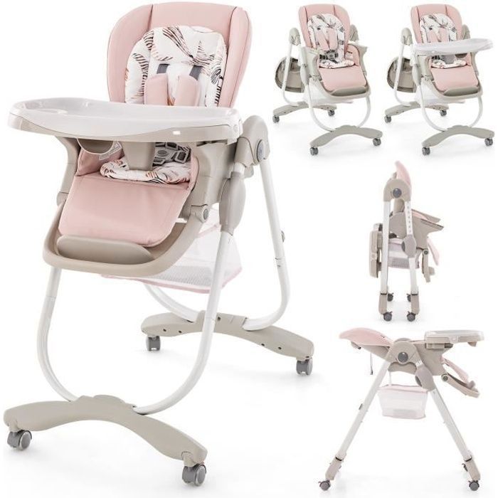 Silla alta plegable para bebé COSTWAY con respaldo reclinable, altura ajustable, bandeja extraíble sin BPA, apta para bebés de 6 meses en adelante, 4 ruedas giratorias, color rosa.