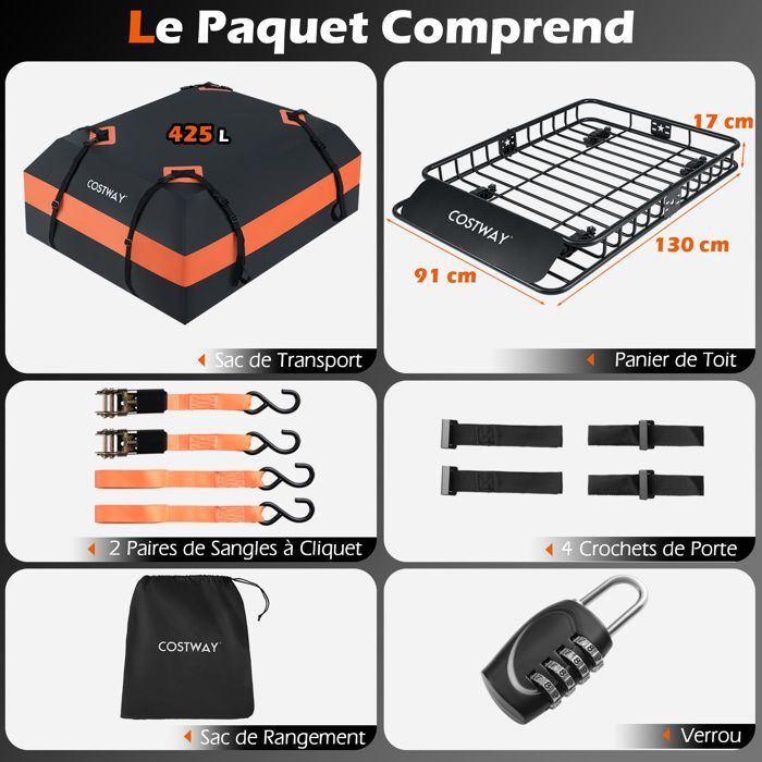Cofre/bolsa de techo impermeable para coche COSTWAY de 425 L, 2 correas de trinquete, 4 ganchos para puerta, bolsa de almacenamiento y cerradura, 90 kg