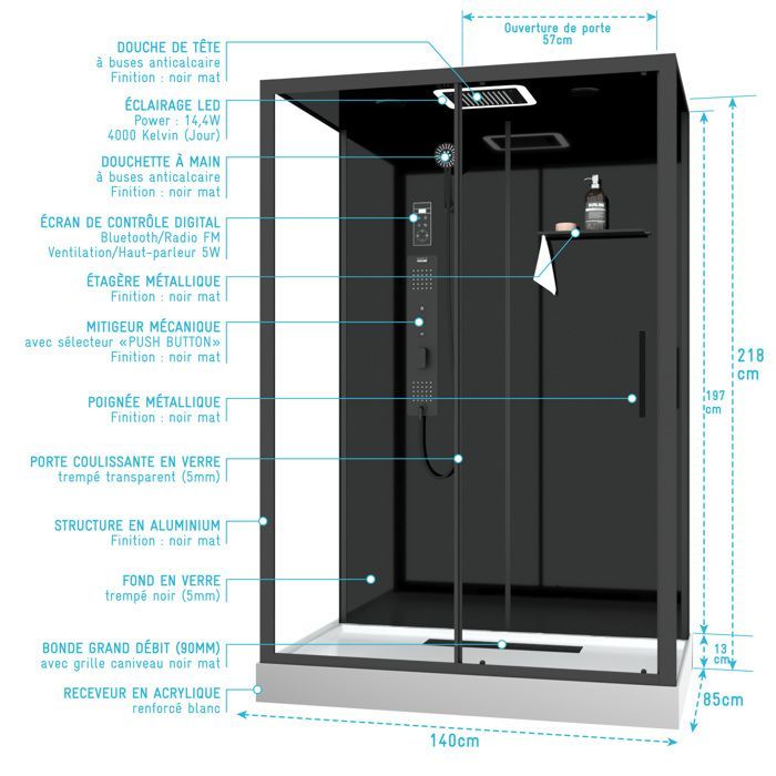 Cabina de ducha con hidromasaje de 140x85x218 cm - Puerta corredera - Panel trasero y perfiles en negro mate
