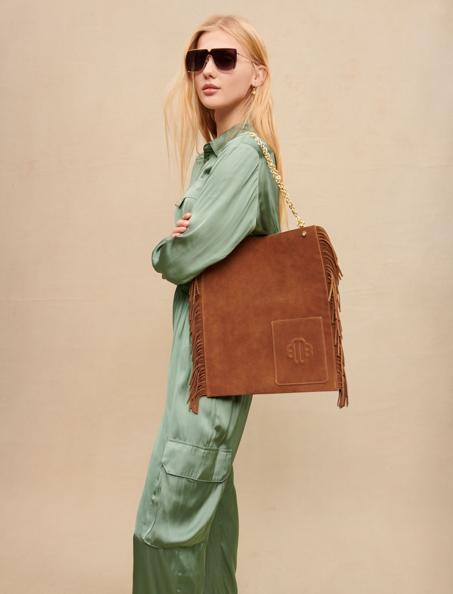 Kameelkleurige suède shopper tas met franjes