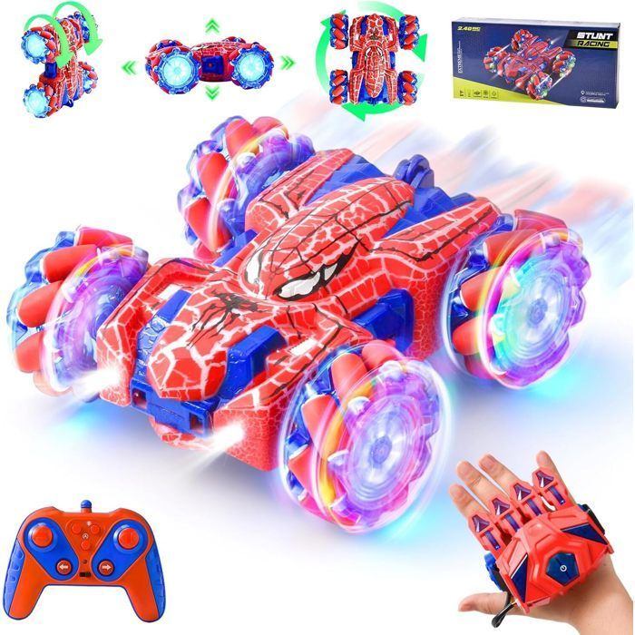 Coche teledirigido todoterreno 4x4 con guante gestual y mando a distancia con luz LED, acrobacias de 360°, doble cara, recargable por USB.