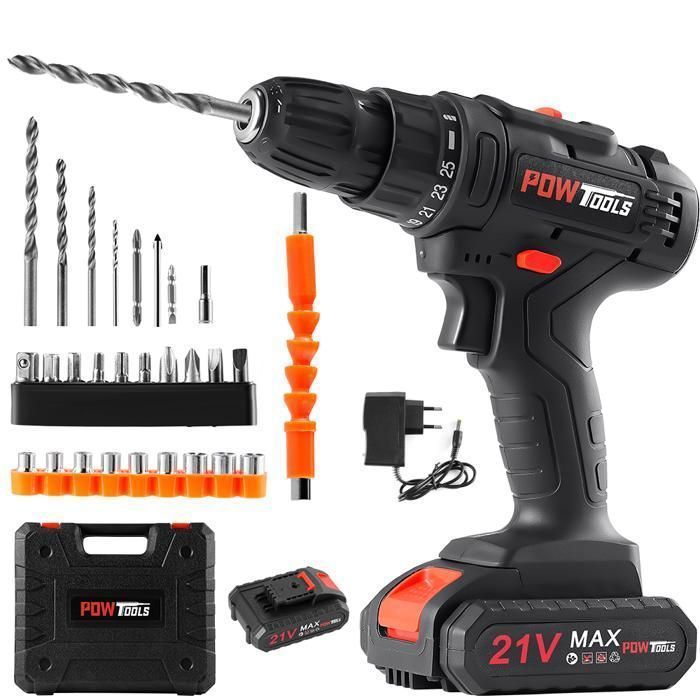 Taladro atornillador inalámbrico POWTOOLS - 21V - 1 batería de litio + 28 accesorios + cargador