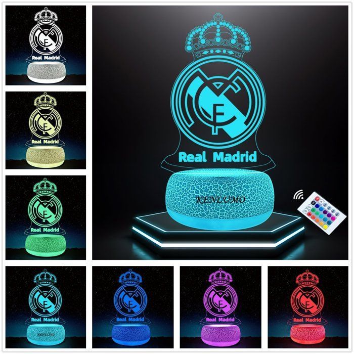 Luminária Noturna KENLUMO Real Madrid, Abajur de Cabeceira LED 3D, Presente de Natal para Crianças, Luminária Noturna com Controle Remoto e Mudança de Cor