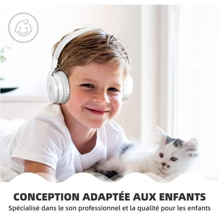 Casque audio,pliable,Casques audio pour enfants,Bandeau épais,Jack 3,5 mm,Conception de réduction du bruit,Cache-oreilles doux,Blanc