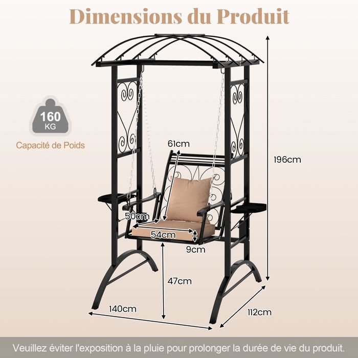 Silla columpio de jardín COSTWAY con techo arqueado y 2 enrejados para plantas, mesas auxiliares y cojines extraíbles.