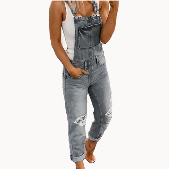 Jeans Femmes - FUNMOON - Bretelles Déchirées Lavées - Coupe Ajustée - Gris