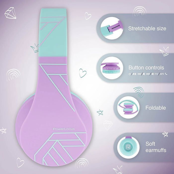 Kinderkoptelefoon - POWERLOCUS - P1Kids - Bluetooth - Turquoise-violet - Opvouwbaar