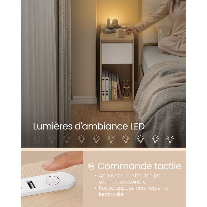 Set of 2, Narrow Bedside Tables, with LED Lighting, 1 USB-A Port, 1 USB-C Port, Drawers and Open Compartments, Yellow and White