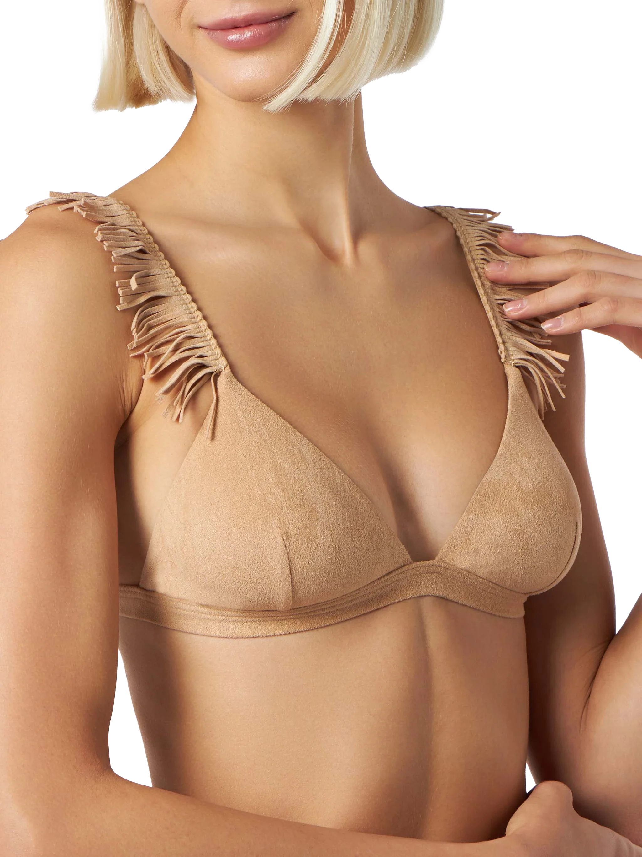 Bikini triangular con efecto ante y braguita de corte alto.