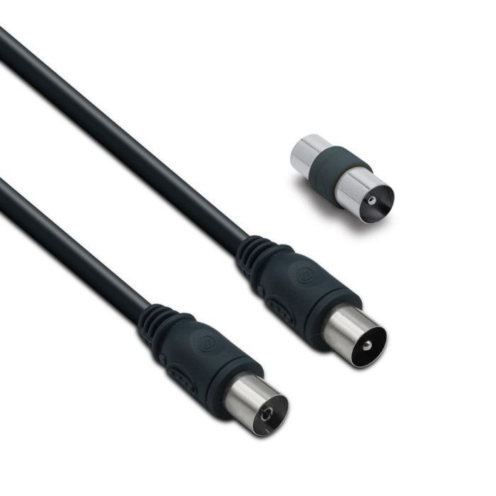 Cable coaxial de TV de 9,52 mm macho/hembra + adaptador macho/macho, 2 m - negro