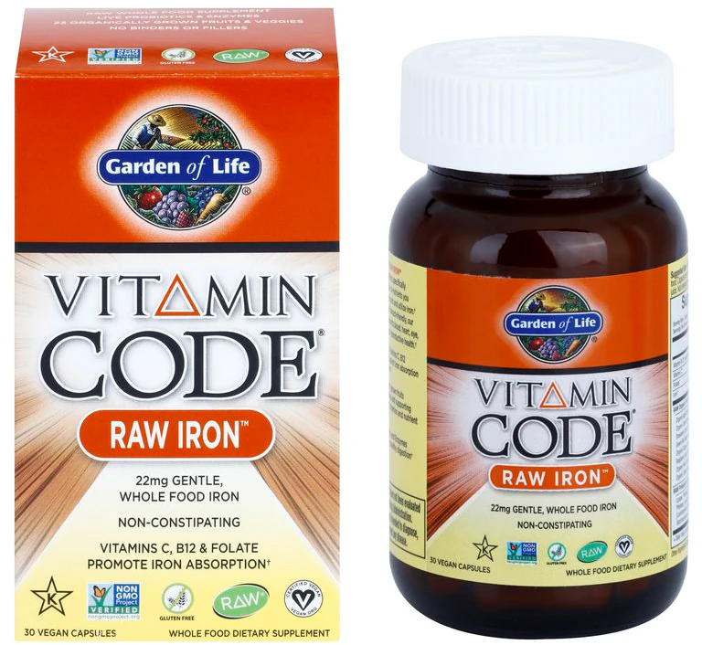 Cápsulas de suplemento alimentar Garden of Life Vitamin Code RAW Iron para auxiliar nos processos de formação sanguínea.