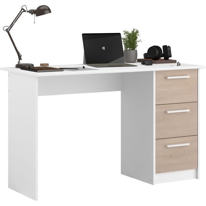 ESSENTIEL Straight Desk - 3 Drawers - Oak and White Finish - W 121.2 x D 55 x H 74.5 cm - PARISOT