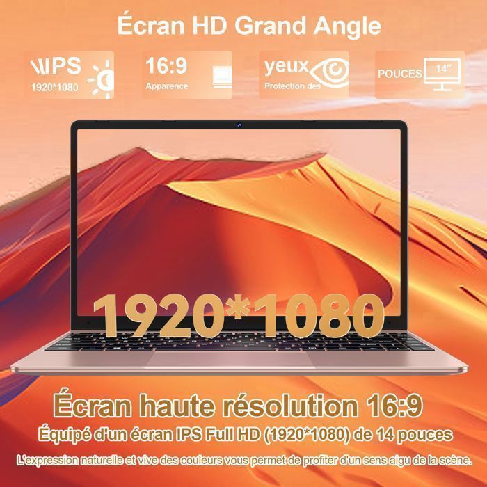 BVATE PC portable -14''FHD - RAM 6Go+256Go Mémoire - Ordinateur Portable Windows11 |Celeron N4020 - Stockage1To extensible -Or