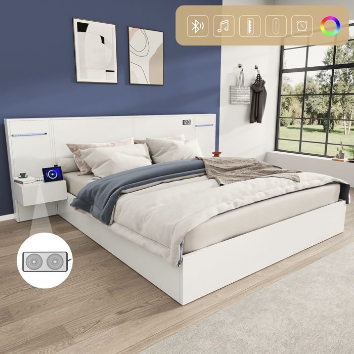 Lit Double 180x200 cm - Lit Adulte avec Horloge Électronique et Port USB, Bande LED, Sans Matelas, en MDF, Blanc