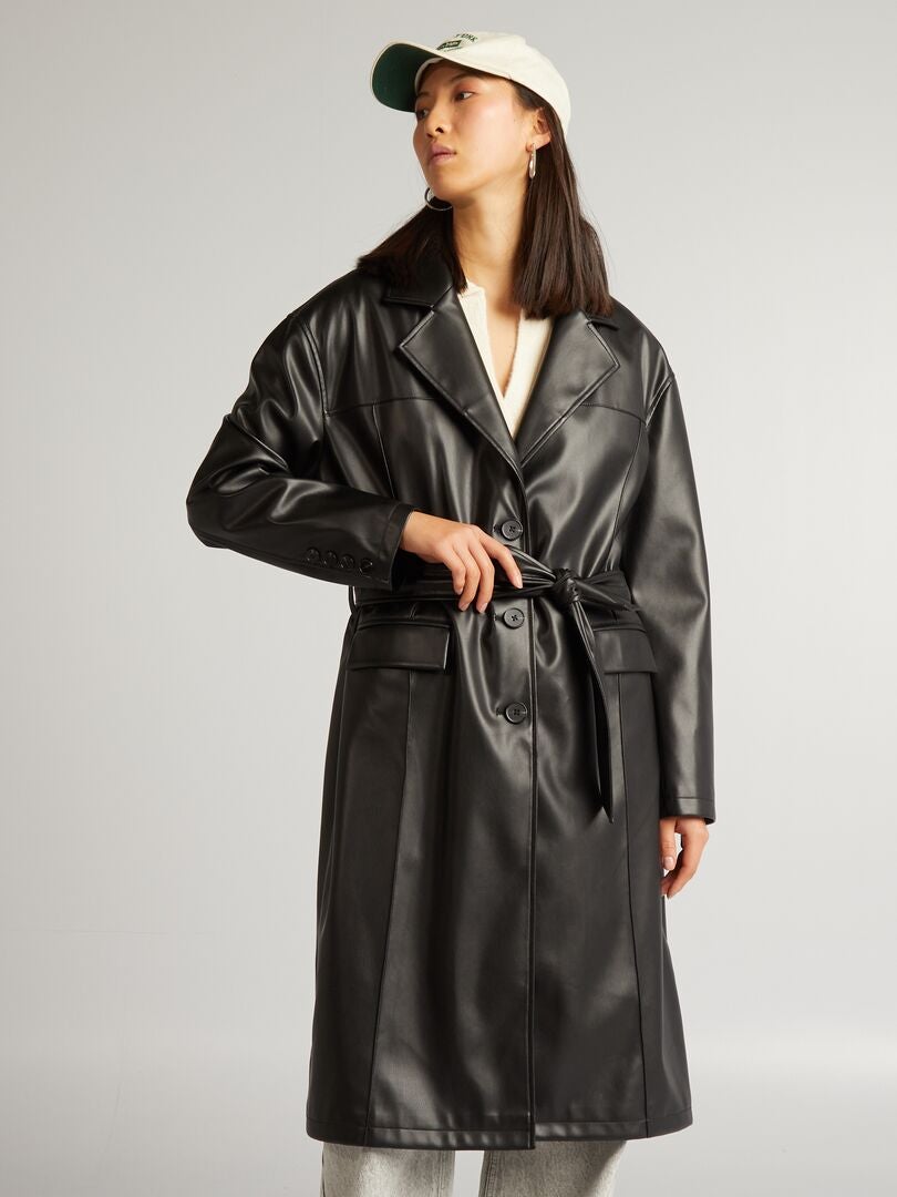 Trenchcoat van imitatieleer - zwart