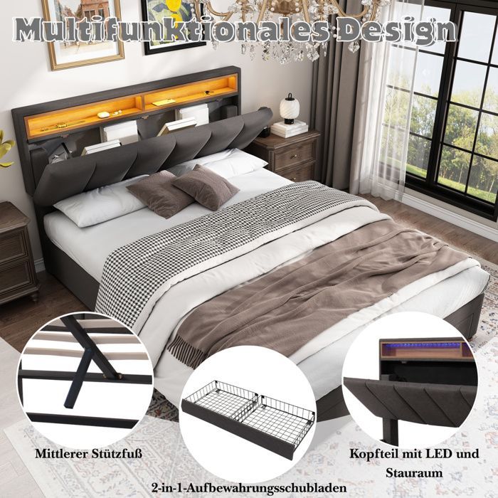 Cama con almacenamiento de 140x190 cm - NEXU - Gris antracita - LED integrado - Cajones de almacenamiento - Cabecero ajustable
